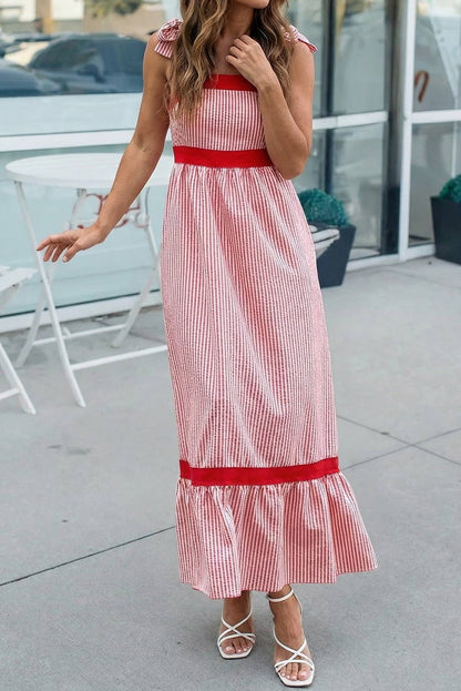 Stripe Bow Knot Straps Contrast Trim Ruffle Hem Dress (S-XL)