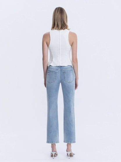 HIGH RISE PEARL AND RHINESTONE STRAIGHT LEG JEANS T7108