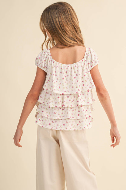 TWEEN KIDS GIRLS RUCHED SHOULDER RUFFLE CROPPED TOP (7-14)