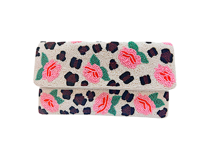 Beaded Floral Clutch Crossbody Bag, Rose Leopard Beaded Bag 
