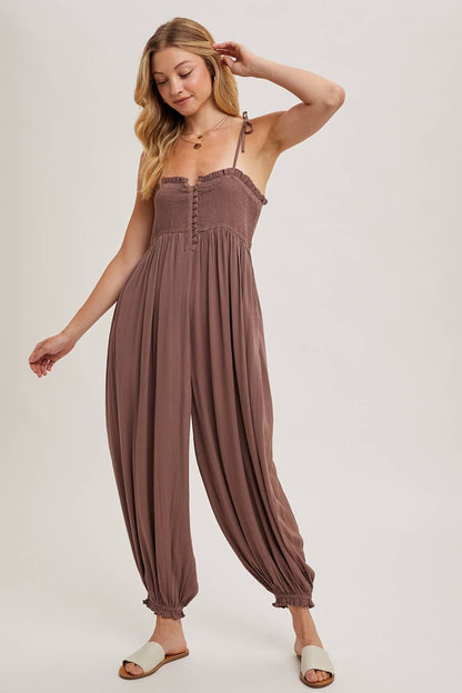 GAUZE SMOCKED BUTTON FRONT SHOULDER TIE JUMPSUIT