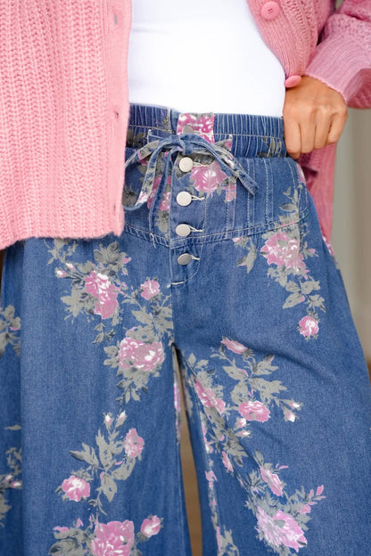 Floral Print Button Tie Elastic Waist Wide Leg Jeans