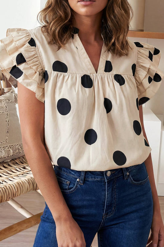 Polka Dot Print V Neck Ruffle Sleeve Blouse (S-XL)