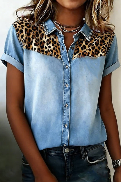 66Denim Button Down Leopard Detail Short Sleeve Shirt (S-XL)