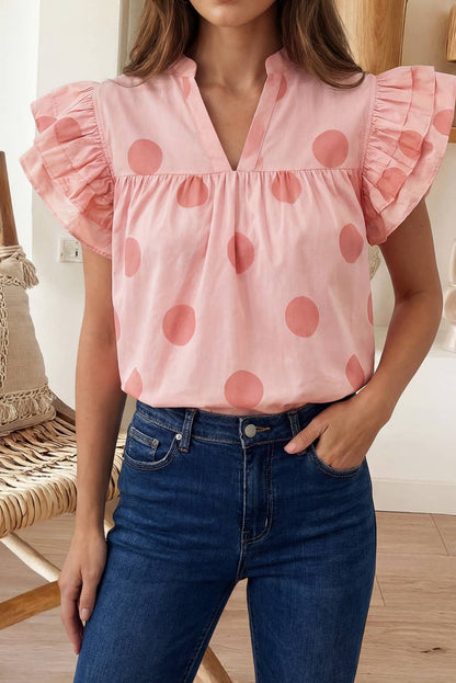 Polka Dot Print V Neck Ruffle Sleeve Blouse (S-XL)