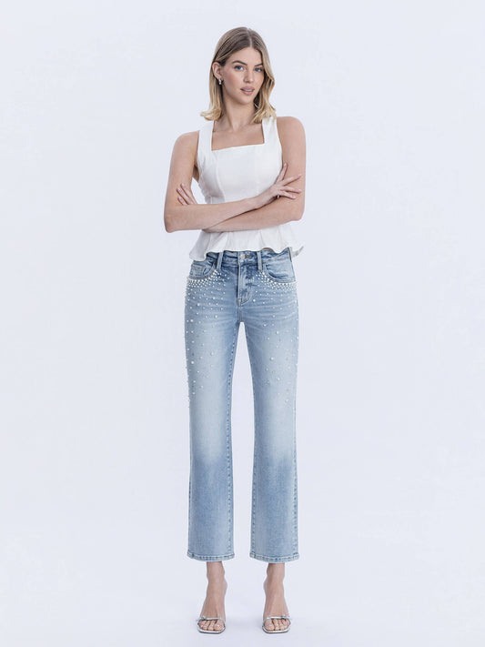 HIGH RISE PEARL AND RHINESTONE STRAIGHT LEG JEANS T7108