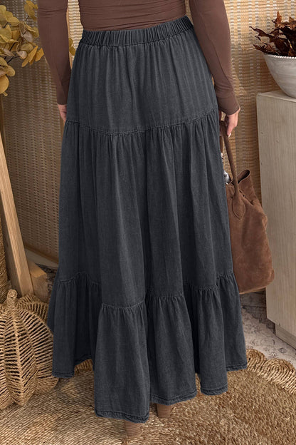 Elastic Waist Ruffled Tiered Flared Denim Maxi Skirt (S-XL)