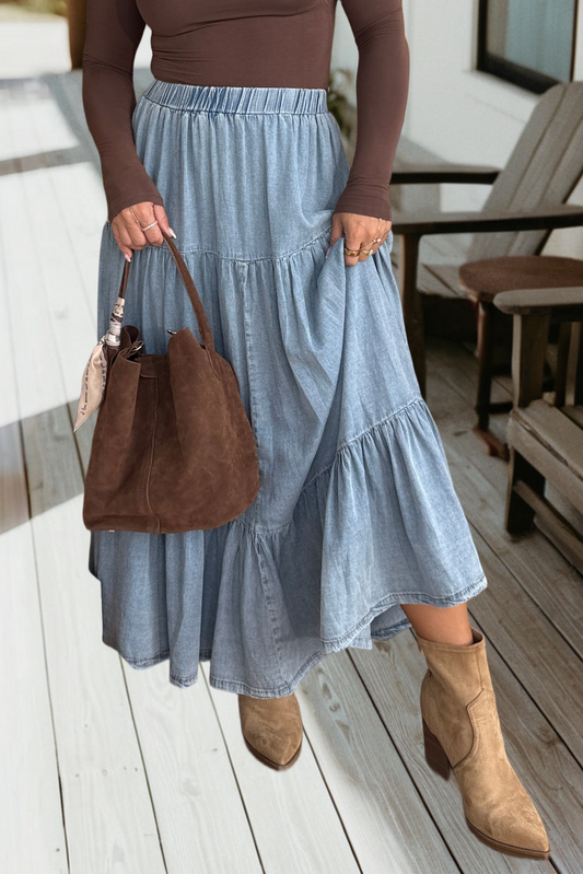 Elastic Waist Ruffled Tiered Flared Denim Maxi Skirt (S-XL)