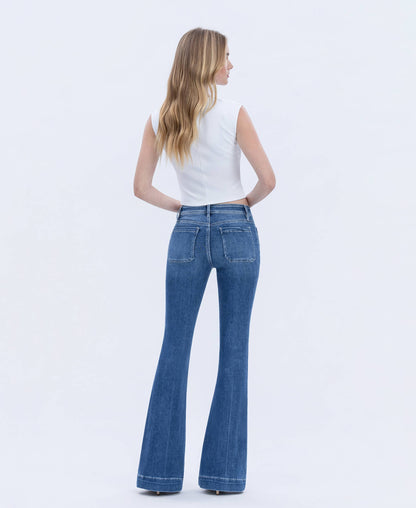 MID RISE BUTTON FLY TROUSER HEM FLARE JEANS T5848