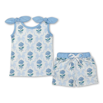 Light blue bow floral top shorts kids girls clothes