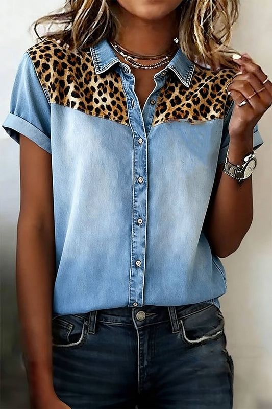 66Denim Button Down Leopard Detail Short Sleeve Shirt (S-XL)