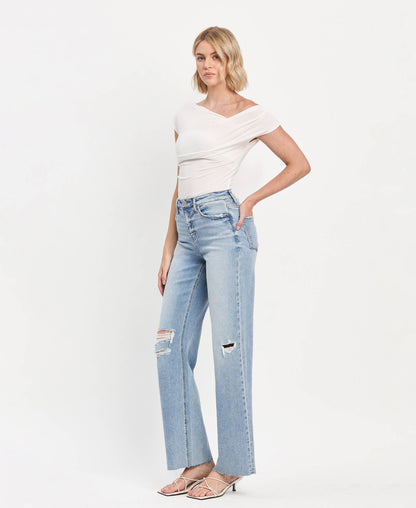 HIGH RISE CLEAN CUT RAW HEM WIDE LEG JEANS T6597