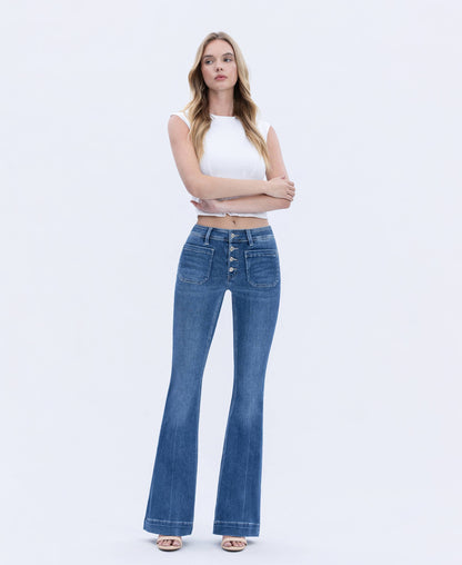 MID RISE BUTTON FLY TROUSER HEM FLARE JEANS T5848