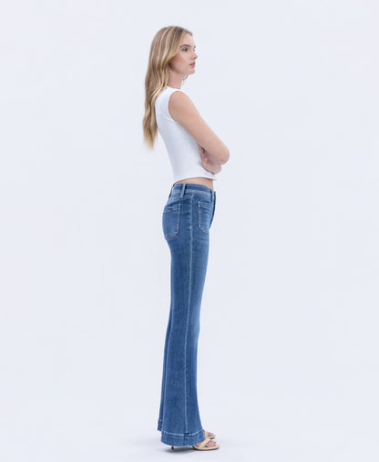 MID RISE BUTTON FLY TROUSER HEM FLARE JEANS T5848