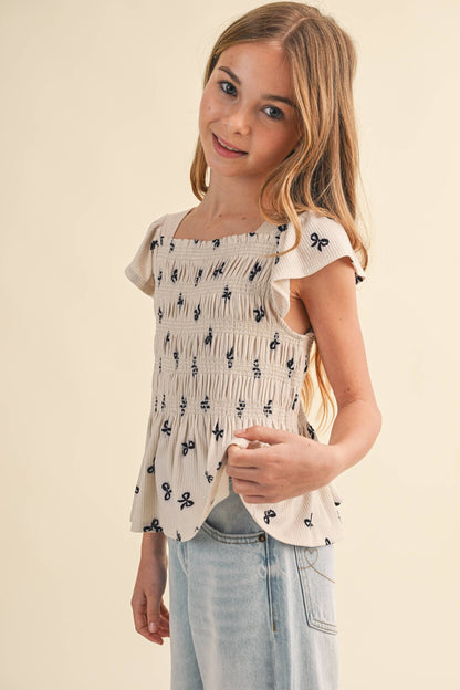 TWEEN KIDS GIRLS FLUTTER SLEEVE SMOCKED TOP (7-14)