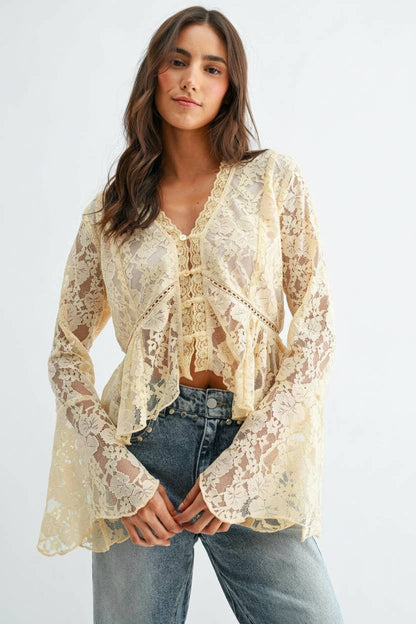 CT10147J Lace Button-Down Blouse with Flared Sleeves