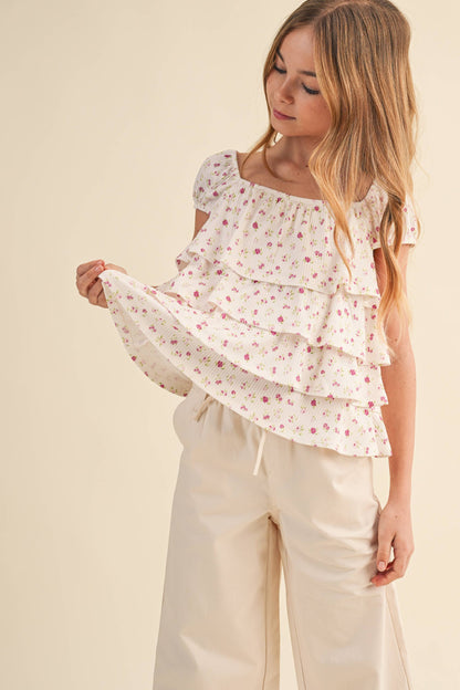 TWEEN KIDS GIRLS RUCHED SHOULDER RUFFLE CROPPED TOP (7-14)