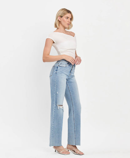 HIGH RISE CLEAN CUT RAW HEM WIDE LEG JEANS T6597