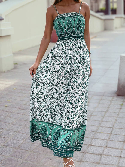 Green Leafy Color Block Patchwork Shirred Maxi Cami Dress