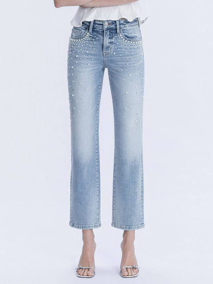 HIGH RISE PEARL AND RHINESTONE STRAIGHT LEG JEANS T7108