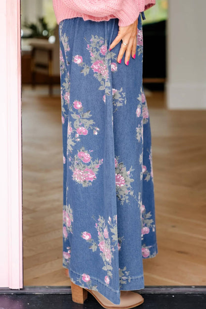 Floral Print Button Tie Elastic Waist Wide Leg Jeans