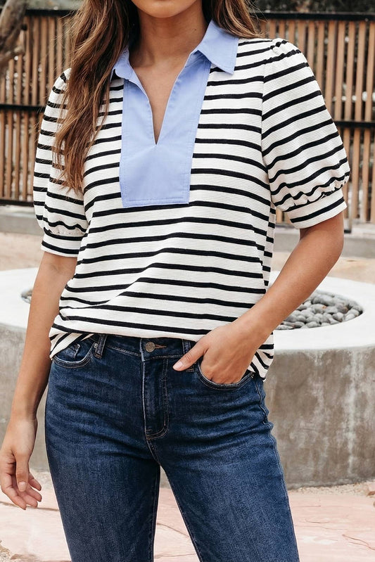 Stripe Puff Sleeve Color Block Polo Collar Blouse (S-XL)