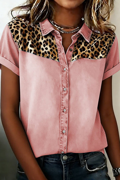 66Denim Button Down Leopard Detail Short Sleeve Shirt (S-XL)