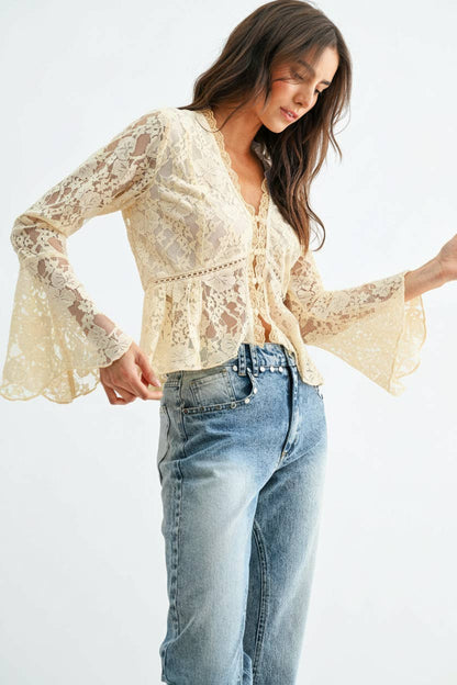 CT10147J Lace Button-Down Blouse with Flared Sleeves