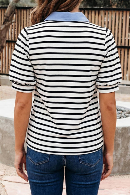 Stripe Puff Sleeve Color Block Polo Collar Blouse (S-XL)