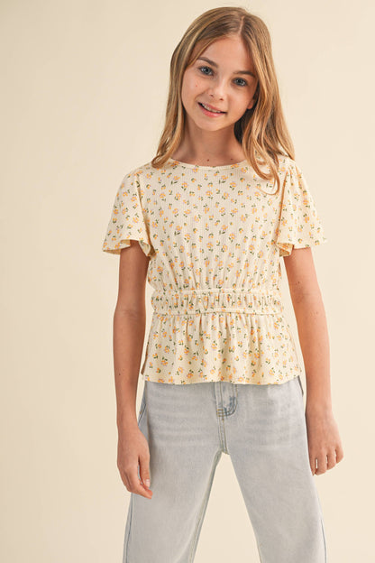 TWEEN KIDS GIRLS ROUND NECK FLUTTER SLV PEPLUM TOP (7-14)