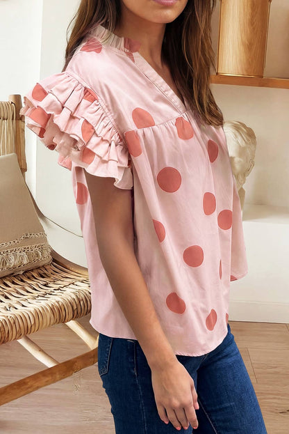 Polka Dot Print V Neck Ruffle Sleeve Blouse (S-XL)