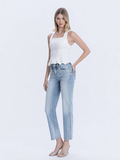 HIGH RISE PEARL AND RHINESTONE STRAIGHT LEG JEANS T7108